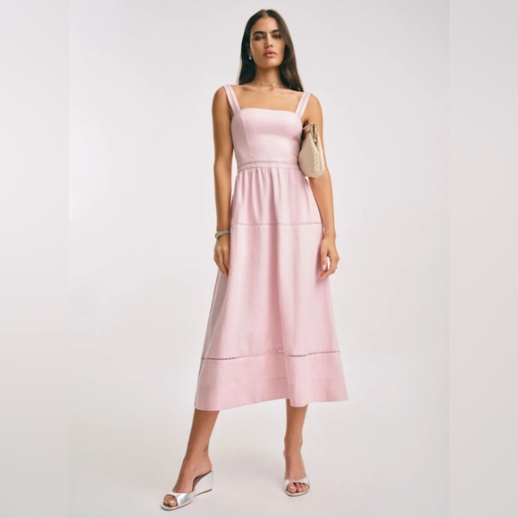 New Reformation Everett Midi Linen Sleeveless Dress - Size 6 Cherry Blossom Pink - Picture 3 of 12